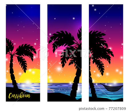 Caribbean sea view with palm silhouettes 77207809