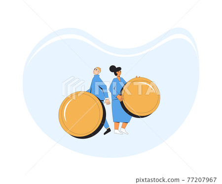 People with coins. Man and woman standing together with money. Young male and female characters standing with huge coins. Vector line art illustration. People with coins. Man and woman standing together with money. Young male and female characters standing with huge coins. Vector line art illustration. 77207967