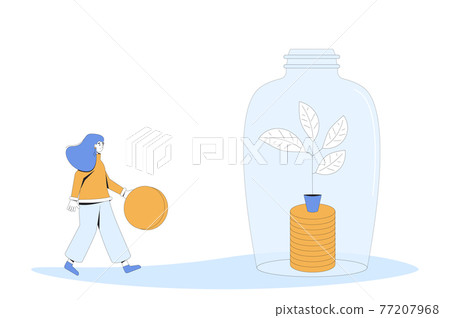 Bank deposit replenishment. Savings. Woman with money. Female character going to put her income into jar of coins. Young person with moneybox and huge gold coin. Vector line art illustration. Bank deposit replenishment. Savings. Woman with money. Female character going to put her income into jar of coins. Young person with moneybox and huge gold coin. Vector line art illustration. 77207968