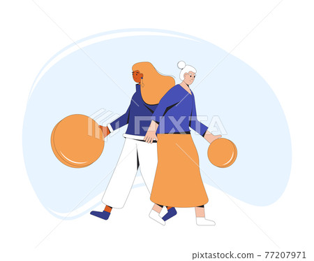 Two women with gold coins. Young and elderly female characters standing together with money. Vector line art illustration. 77207971