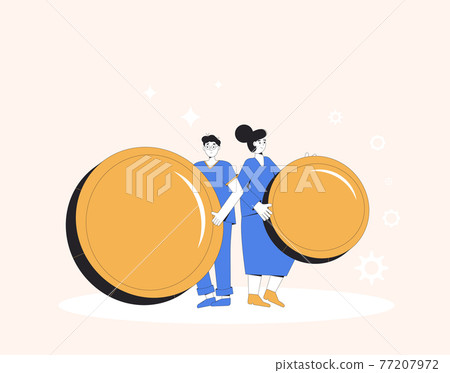 People with income. Man and woman with money. Young male and female characters standing with huge coins. Vector line art illustration. People with income. Man and woman with money. Young male and female characters standing with huge coins. Vector line art illustration. 77207972