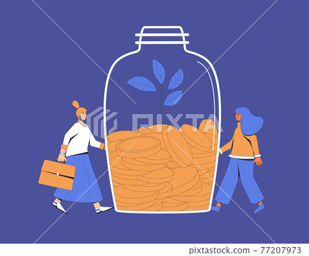 Women with money. Savings. Young female  characters with huge coin and jar of coins. Vector  line art illustration. 77207973