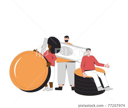People money. Young male and female characters sitting and standing with huge coin and paper currency isolated on white background. Vector line art illustration. People money. Young male and female characters sitting and standing with huge coin and paper currency isolated on white background. Vector line art illustration. 77207974