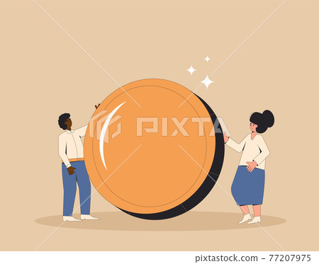 Family budget. People with income. Man and woman standing together with money. Young male and female characters standing with huge gold coin. Vector line art illustration. Family budget. People with income. Man and woman standing together with money. Young male and female characters standing with huge gold coin. Vector line art illustration. 77207975