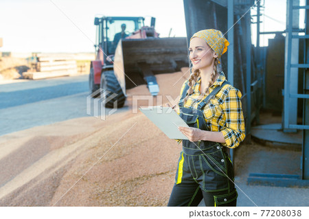 Grain being stored in granary or storage house with farmer keeping track 77208038