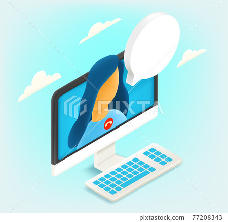 Young man speaking via web application Young man speaking via web application 77208343