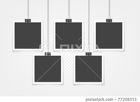 Retro photo frames hanging on a wall. Vector mockup Retro photo frames hanging on a wall. Vector mockup 77208353