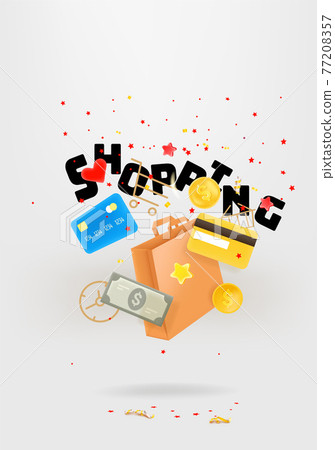 Shopping time concept. Shopping bag, credit cards and money falling down. 3d style cute illustration Shopping time concept. Shopping bag, credit cards and money falling down. 3d style cute illustration 77208357