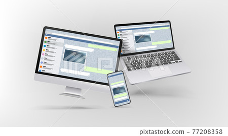 Modern desktop personal computer, laptop and smartphone mockup with messenger interface on screens Modern desktop personal computer, laptop and smartphone mockup with messenger interface on screens 77208358