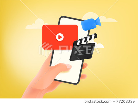 Man using video hosting application on smartphone 77208359