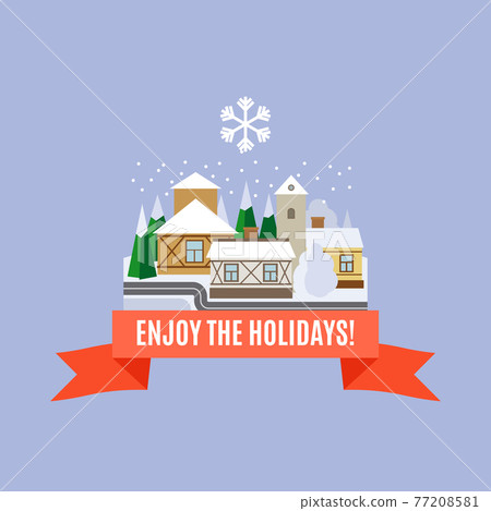 Small town winter landscape card 77208581