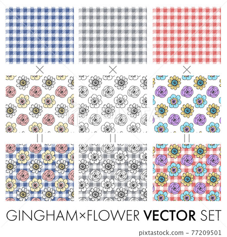 水彩風格格子格紋與植物圖案的無縫圖案組合 77209501