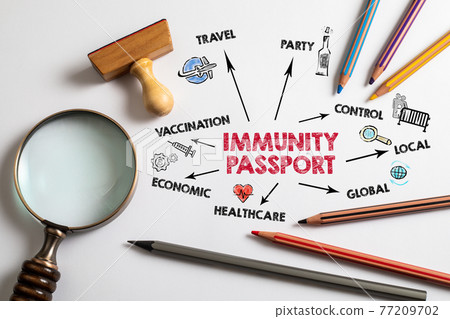 Immunity passport. Vaccination Travel Control and Healthcare concept. Chart with keywords and icons 77209702