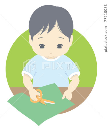 Illustration of a child cutting paper with scissors 77210088