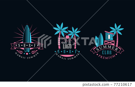 Hawaii Summer Logo Original Design Set, Summer Club Premium Retro Labels, Badges Vector Illustration 77210617