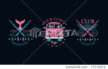 Surf Club Logo Design Set, Summer Holidays Premium Retro Labels, Badges Vector Illustration 77210619