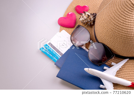 Back to travel concept. Vacation accessories, documents, passports and money. 77210620