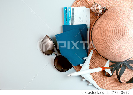 Back to travel concept. Vacation accessories, documents, passports and money. Back to travel concept. Vacation accessories, documents, passports and money. 77210632