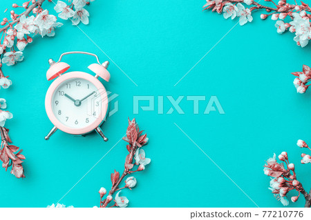 Summer time. Spring blossom and April floral nature with alarm clock on blue background. Beautiful scene with blooming tree. Easter Sunny day. Orchard abstract blurred background. Springtime. 77210776