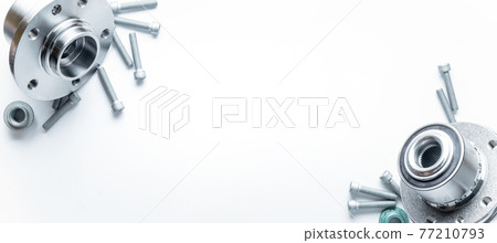 Vehicle parts. Auto motor mechanic spare or automotive piece on white banner background. Set of new metal car part. Repair and vehicle service with space for text. Vehicle parts. Auto motor mechanic spare or automotive piece on white banner background. Set of new metal car part. Repair and vehicle service with space for text. 77210793