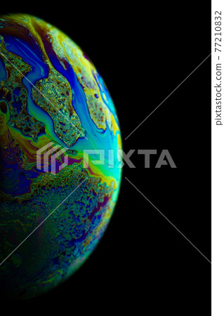 Planet night. Abstract galaxy background with globe earth in universe space with sunlight on dark background. Fantastic structure of colorful bubbles. Planet night. Abstract galaxy background with globe earth in universe space with sunlight on dark background. Fantastic structure of colorful bubbles. 77210832