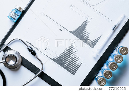 Infographic medical. Doctor stethoscope, hospital healthcare infographic charts and analytic medical statistics on hospital background. Coronavirus vaccine vial by needle syringe. 77210923