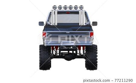 large pickup truck off-road. Full - training. Highly raised suspension. Huge wheels with spikes for rocks and mud. 3d illustration. large pickup truck off-road. Full - training. Highly raised suspension. Huge wheels with spikes for rocks and mud. 3d illustration. 77211290
