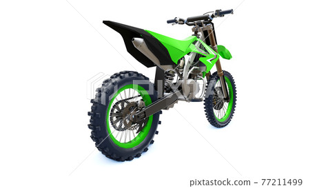Green and black sport bike for cross-country on a white background. Racing Sportbike. Modern Supercross Motocross Dirt Bike. 3D Rendering. Green and black sport bike for cross-country on a white background. Racing Sportbike. Modern Supercross Motocross Dirt Bike. 3D Rendering. 77211499