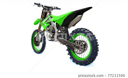 Green and black sport bike for cross-country on a white background. Racing Sportbike. Modern Supercross Motocross Dirt Bike. 3D Rendering. 77211500