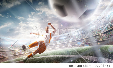 A soccer player kicks the ball. Grid of soccer gates close up. Stadium with flashlights and fans. 3d 77211834