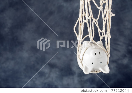 Trapped piggy bank in net on dark background with copy space 77212044