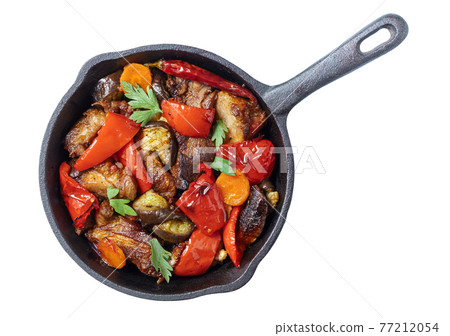 Pork with grilled vegetable stir fry isolated Pork with grilled vegetable stir fry isolated 77212054
