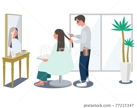 Vector illustration of long-haired female and male hairdresser cutting hair in a fashionable hairdresser 77215347
