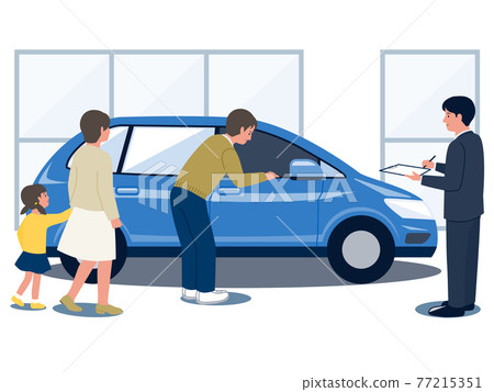 在汽車經銷商處為客戶服務的男性員工和前來購買新藍色汽車的家庭的矢量圖 77215351