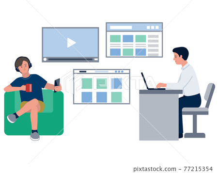 Vector illustration of a man using web media on a smartphone or computer 77215354