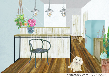 Handwritten illustrations of a stylish kitchen with pets 77215505