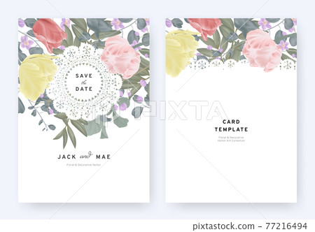 Floral wedding invitation card template design, tulips, Thalictrum delavayi flowers and leaves Floral wedding invitation card template design, tulips, Thalictrum delavayi flowers and leaves 77216494