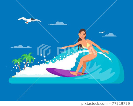 Girl riding on ocean wave, vector illustration in flat style 77219759
