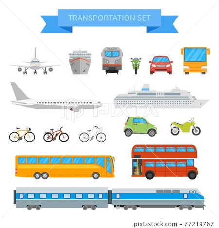 Vector set of different transportation vehicles isolated on white background. Urban transport icons in flat style design. Vector set of different transportation vehicles isolated on white background. Urban transport icons in flat style design. 77219767