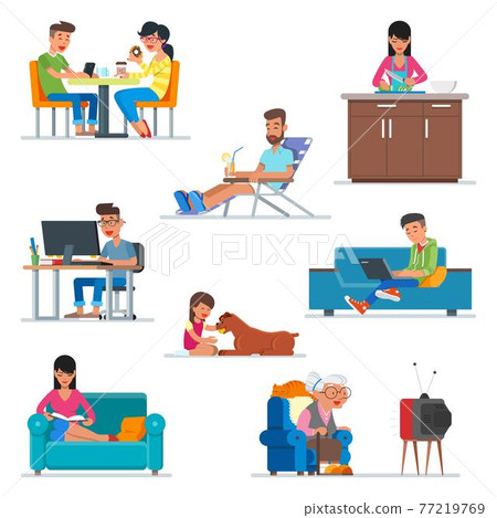 Vector set of cartoon people characters in flat style design. Couple in cafe, woman cooking at the kitchen, guy working with computer, girl playing with a dog. People icons Vector set of cartoon people characters in flat style design. Couple in cafe, woman cooking at the kitchen, guy working with computer, girl playing with a dog. People icons 77219769