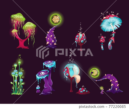 Magic fantasy mushrooms, colorful plants of alien nature a vector illustrations. Magic fantasy mushrooms, colorful plants of alien nature a vector illustrations. 77220085