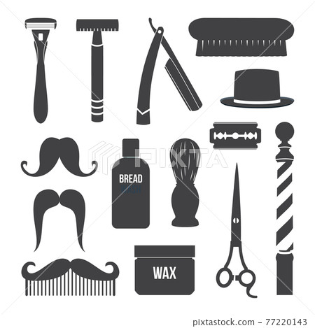 Black shaving tools and male symbols or icons, flat vector illustration isolated. Black shaving tools and male symbols or icons, flat vector illustration isolated. 77220143