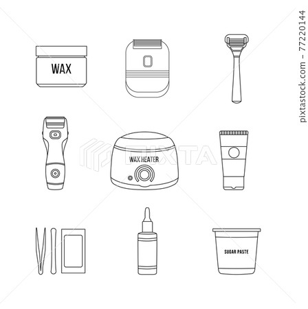 Wax hair removal and shaving tools set, black line vector illustration isolated. Wax hair removal and shaving tools set, black line vector illustration isolated. 77220144