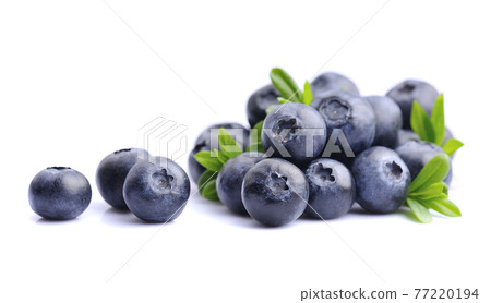 Blueberries with leaves on white backgrounds. Blueberries with leaves on white backgrounds. 77220194