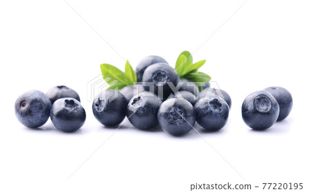 Blueberries with leaves on white backgrounds. Blueberries with leaves on white backgrounds. 77220195