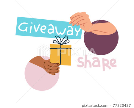 Giveaway gift. Blogger gives presents to subscribers and winners of contests. Arms hands over holiday box. People anonymously share surprises. Vlogger promotion. Vector receiving prizes 77220427