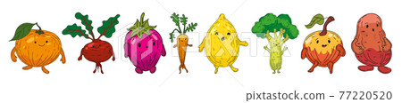 Vegetables set hand drawn scetch characters cartoon. Collection orange, beet root, strawberry, carrot, lemon, broccoli, apple, potato Vegetables set hand drawn scetch characters cartoon. Collection orange, beet root, strawberry, carrot, lemon, broccoli, apple, potato 77220520