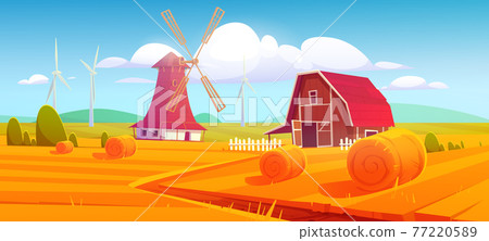 Windmill and barn on farm nature rural background 77220589
