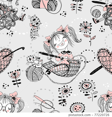 Cute girls needlewomen crochet knitters. Seamless pattern.Vektor. 77220726