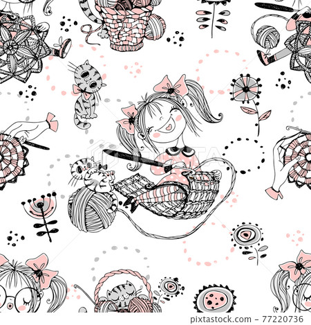 Cute girls needlewomen crochet knitters. Seamless pattern.Vektor. 77220736
